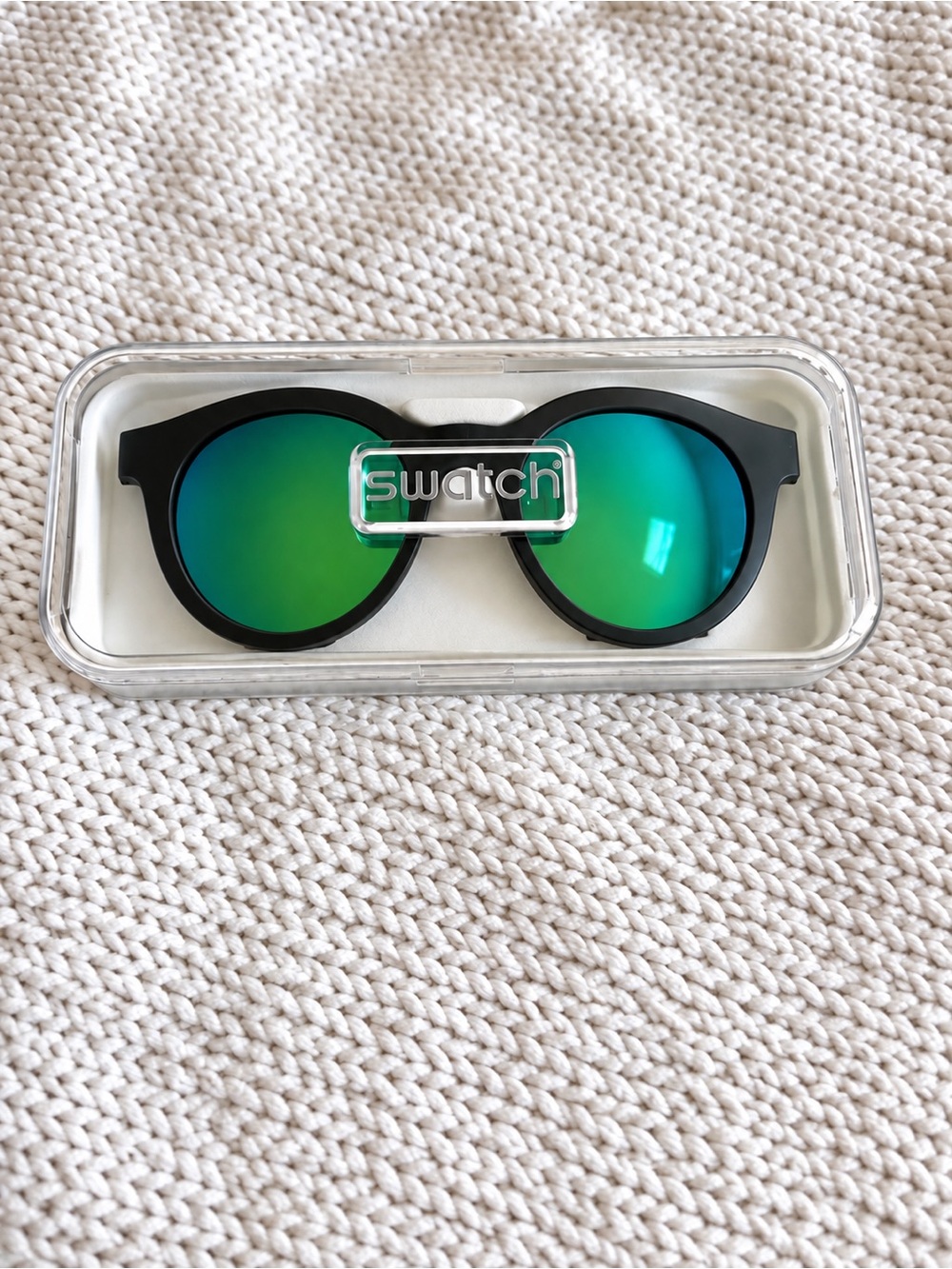 Swatch Black Frame Sunglasses with Green Mirrored Lenses